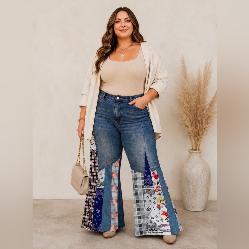 NWT URSIME Boho Patchwork Denim High Rise Retro Flare Jeans size 4XL - Picture 6 of 16